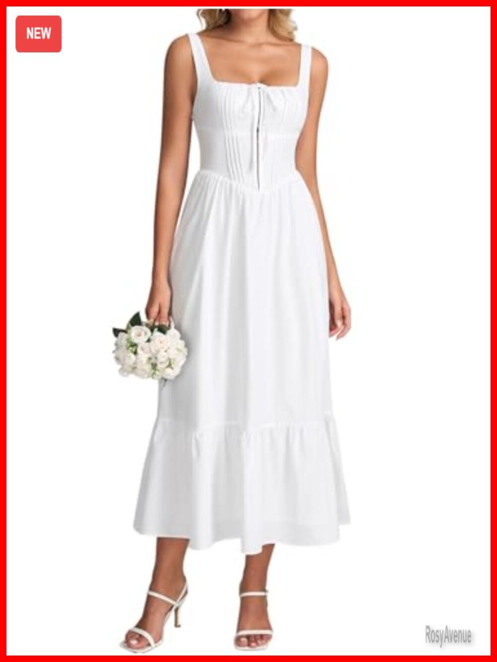 Floral Corset Midi Dress Lace Up Back Square Neck A-Line Sundress